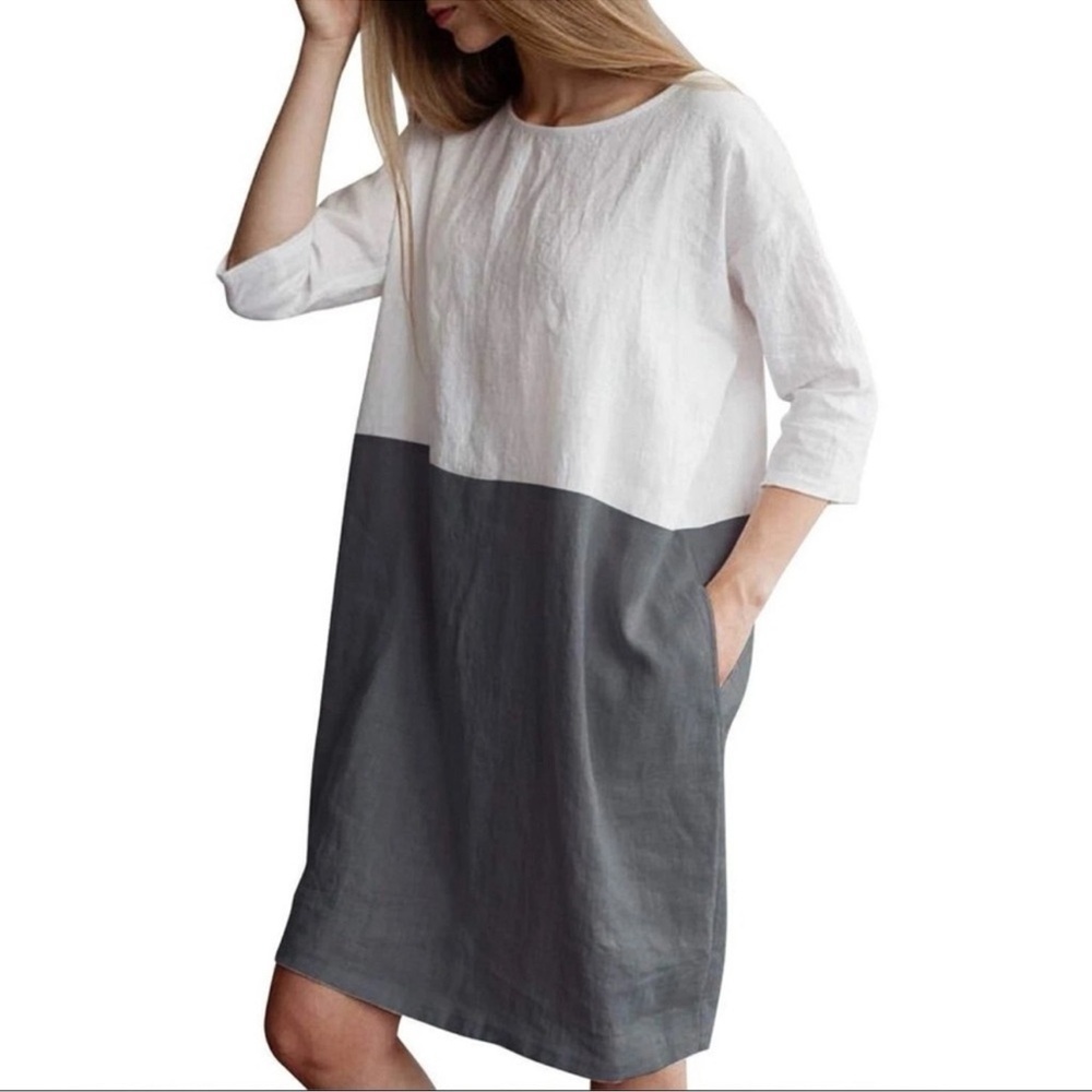 VANESSA ZANI 100% Linen Tunic Dress Made in ITALY White/ Gray 3/4 Sleeve